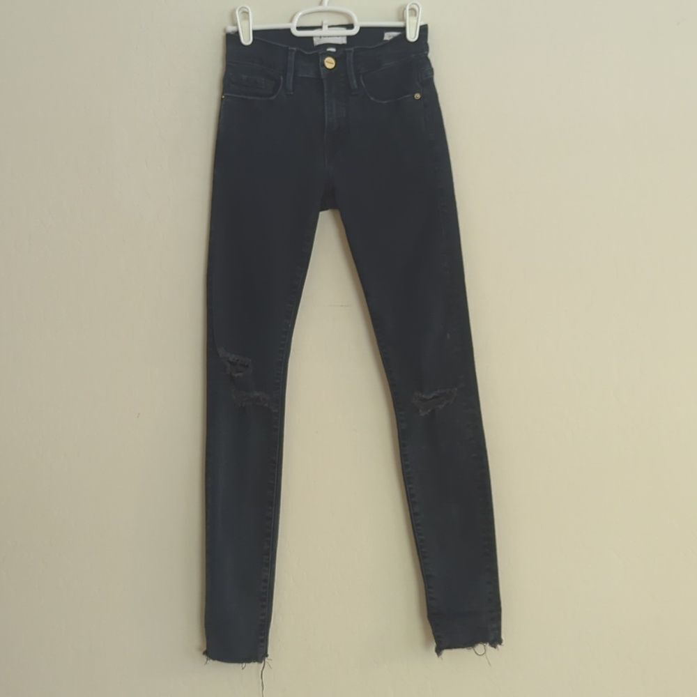 Frame Denim Le Skinny de Jeanne Black Wash Dean Rips Distressed Jeans - Size 24